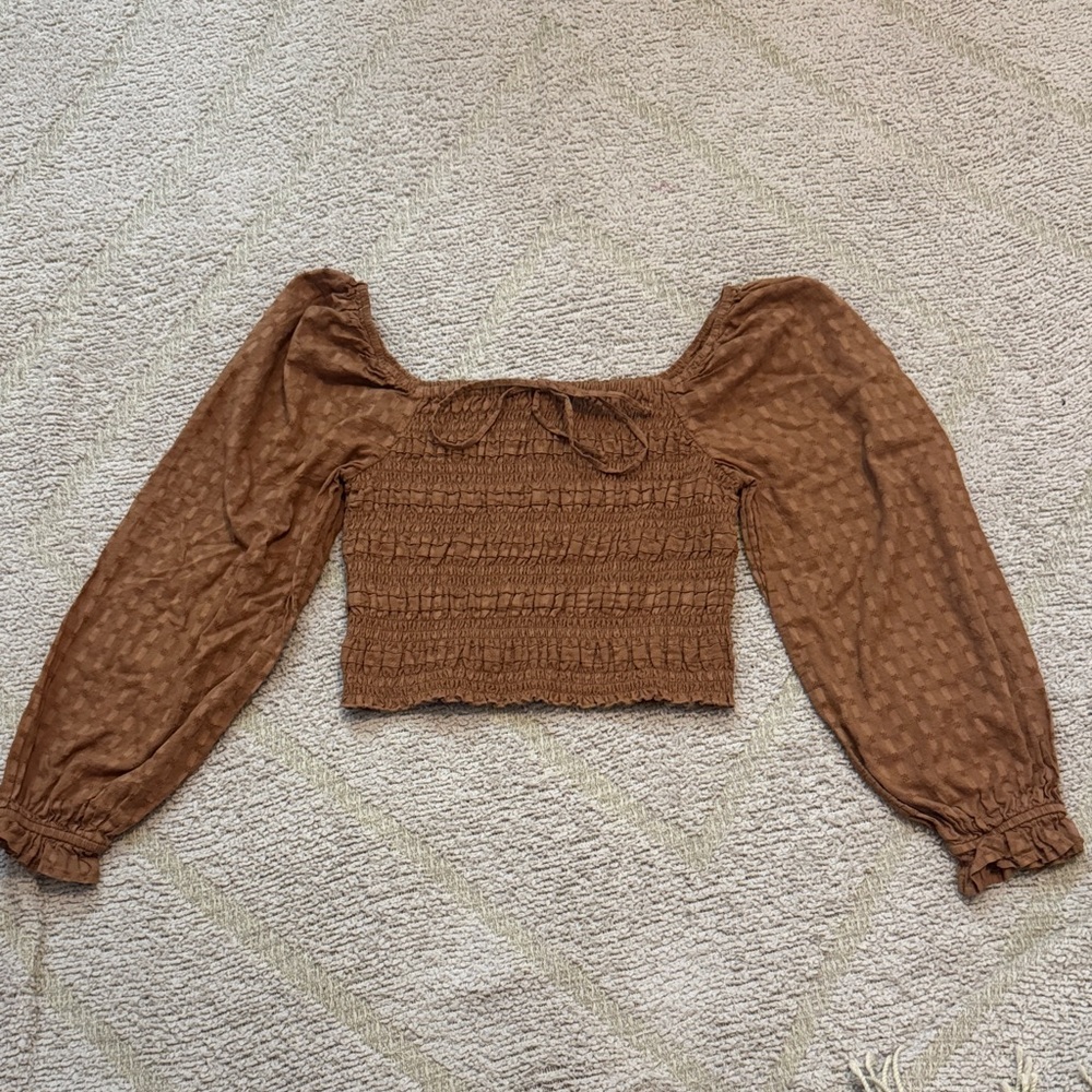 American Eagle Smocked Puff Sleeve Crop Top – Brown – Size Small